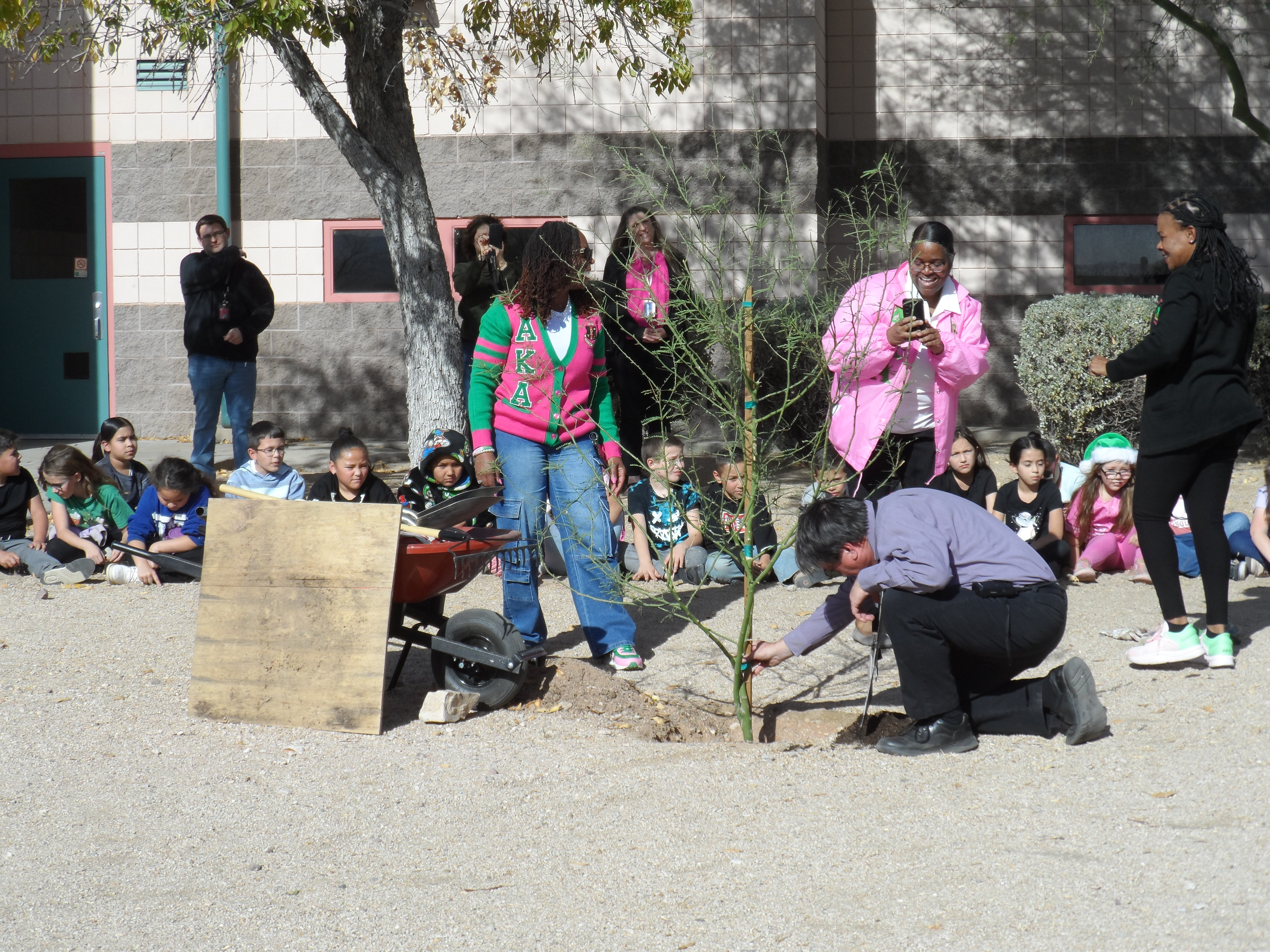 Banks' principal kneels next to the hole where the new tree is being planted